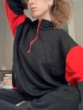 Black Fleece Anorak with Red Details — Oversized Unisex — Vintage from Rome